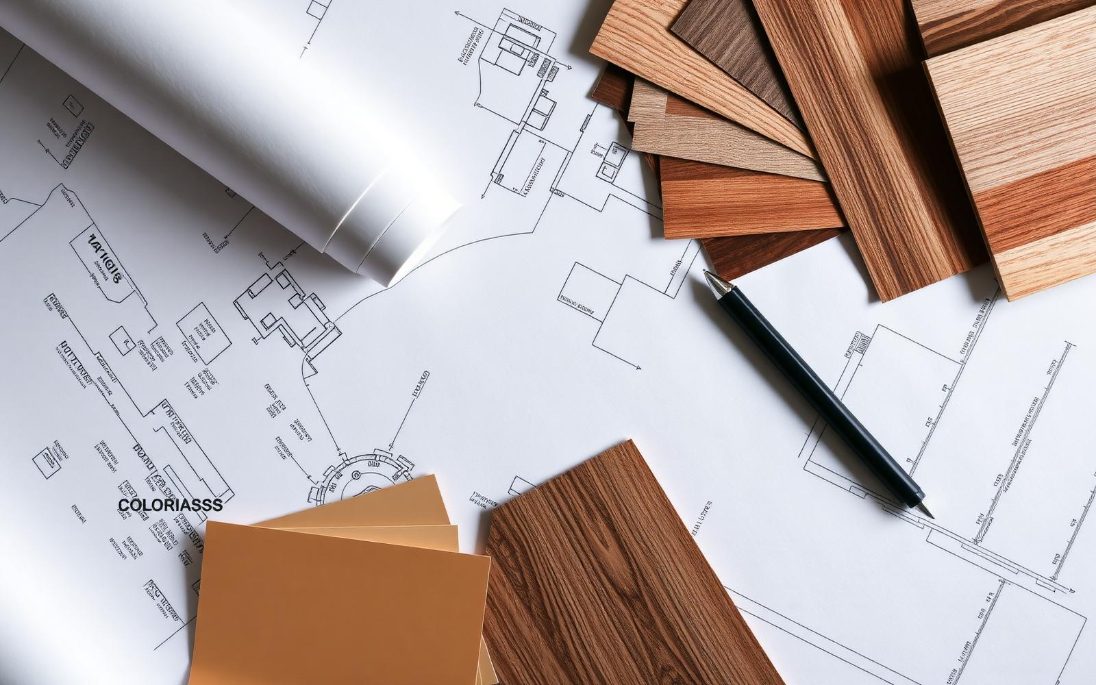 Interior design blueprints and material swatches